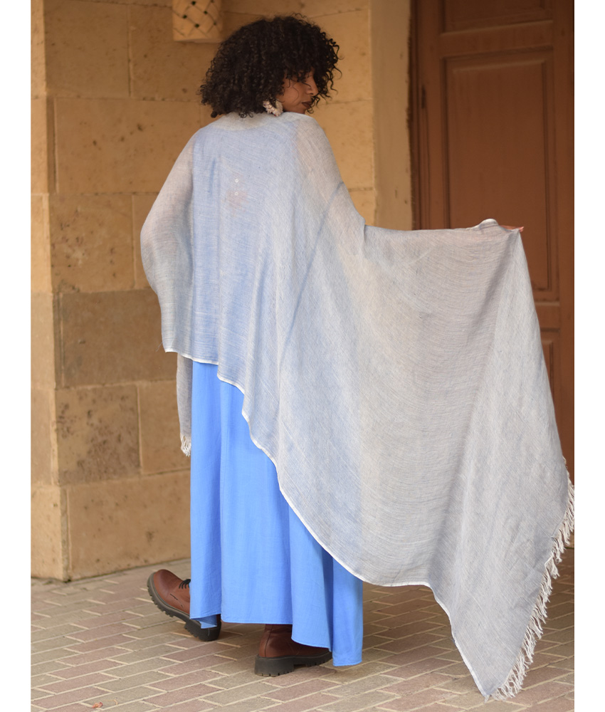 Baby blue Loomwoven Linen Shawl handmade in Egypt & available at Jozee Boutique.handmade in Egypt & available at Jozee Boutique.