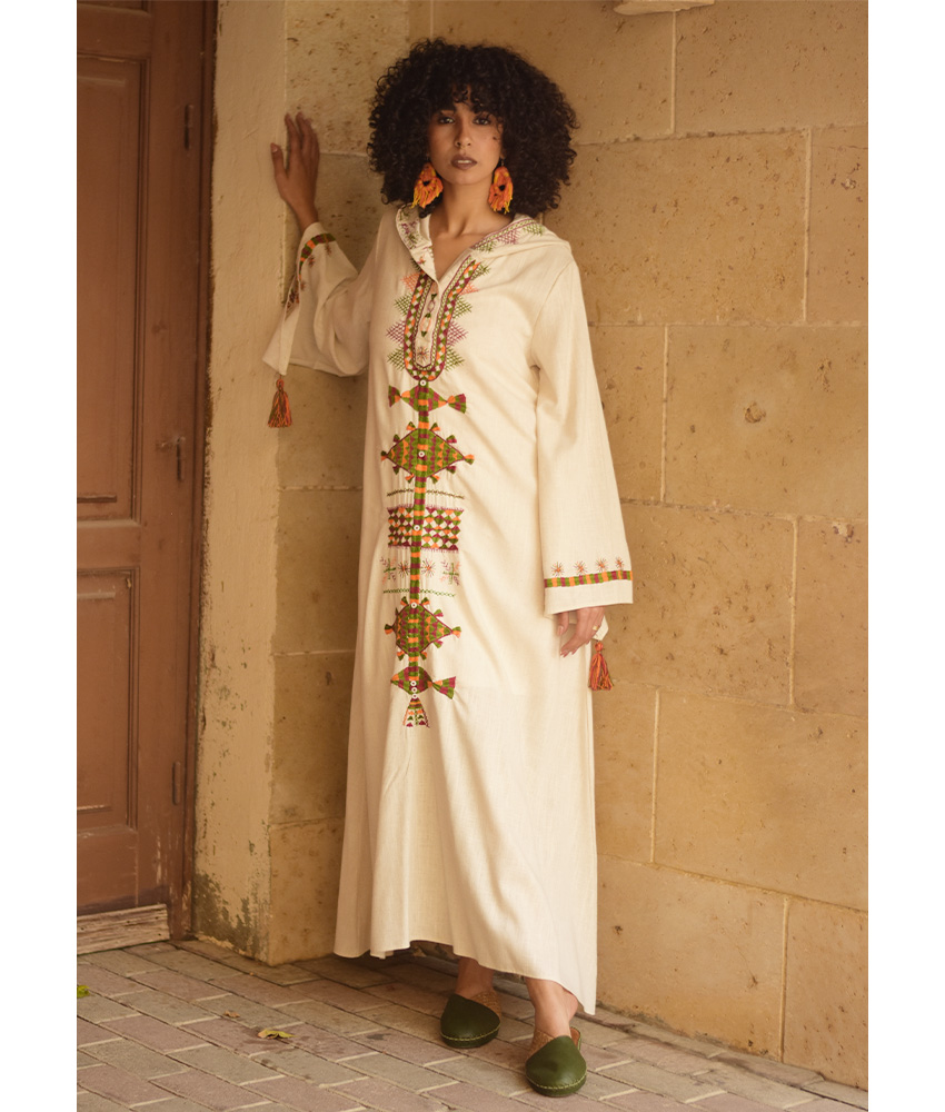 Off white Siwa Embroidered Linen Dress with Hoodie handmade in Egypt & available at Jozee Boutique.