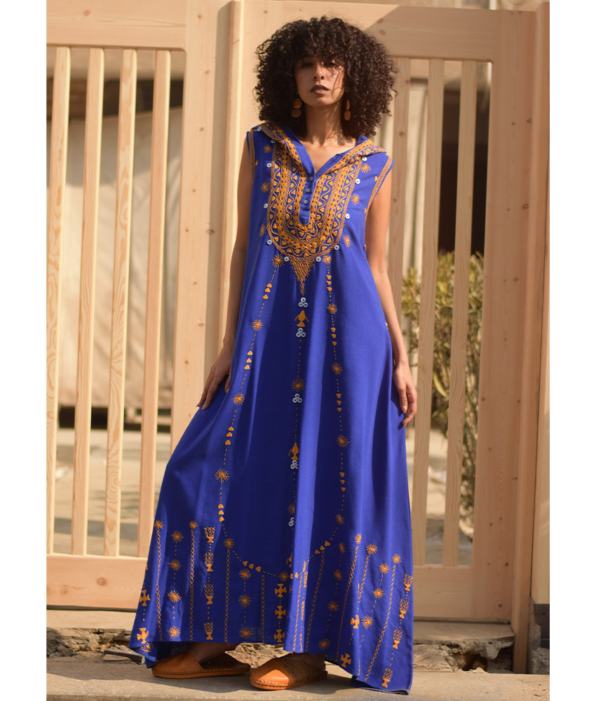Electric Blue Siwa Heavily Embroidered Linen Dress with Hoodie handmade in Egypt & available at Jozee Boutique.