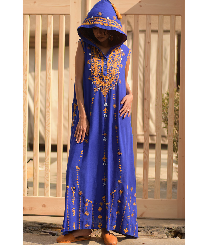 Electric Blue Siwa Heavily Embroidered Linen Dress with Hoodie handmade in Egypt & available at Jozee Boutique.