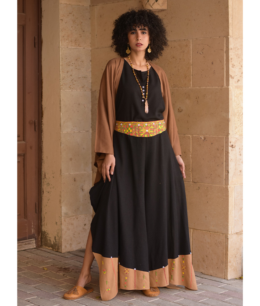 Black Siwa Embroidered Flowy Pants handmade in Egypt & available at Jozee Boutique.