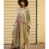 Light olive Siwa Embroidered Linen Kaftan with Hoodie handmade in Egypt & available at Jozee Boutique.