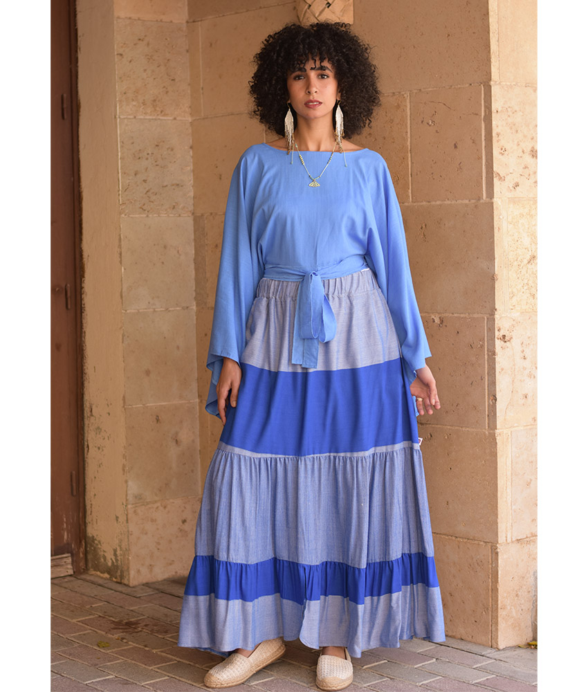 Shades of Blue Handwoven Ruffle Skirt handmade in Egypt & available at Jozee Boutique.