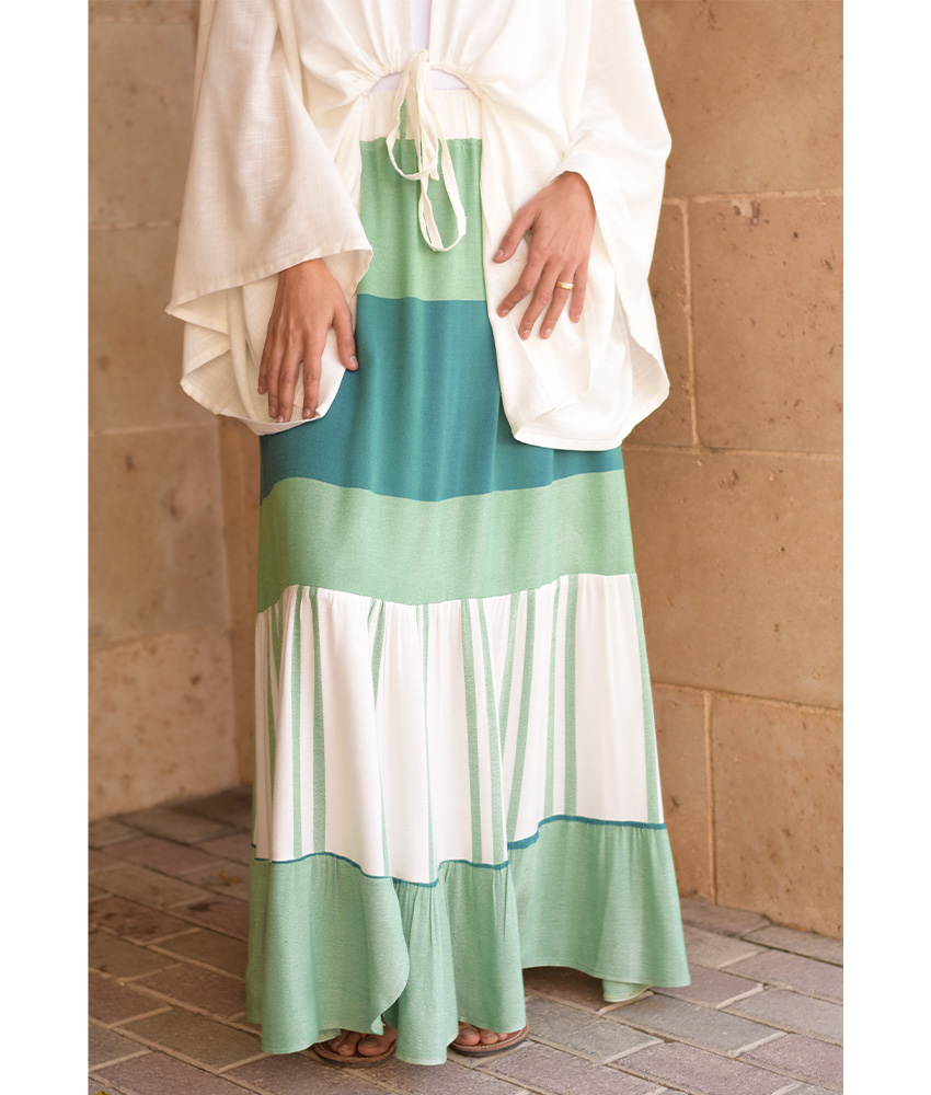 Green & White Handwoven Ruffle Skirt handmade in Egypt & available at Jozee Boutique.