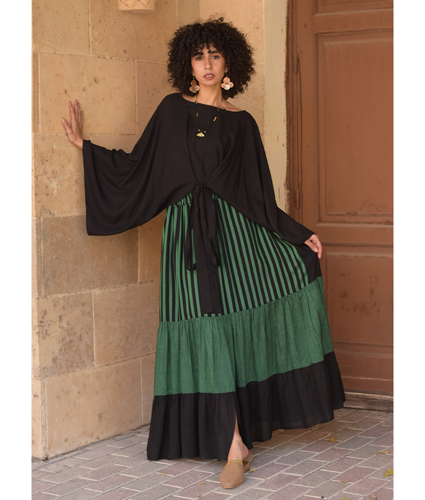 Green & Black Handwoven Ruffle Skirt handmade in Egypt & available at Jozee Boutique.