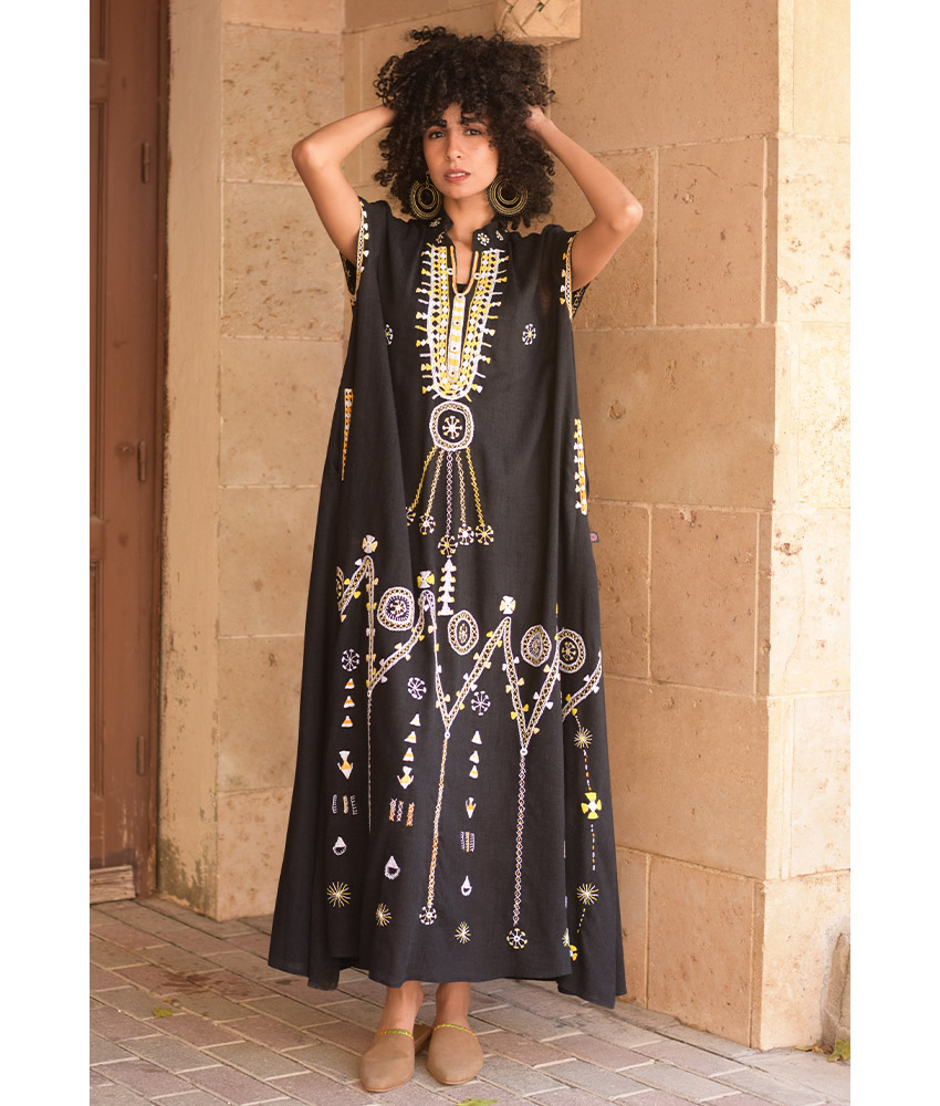 Black Siwa Embroidered Linen Dress with Hoodie handmade in Egypt & available at Jozee Boutique.