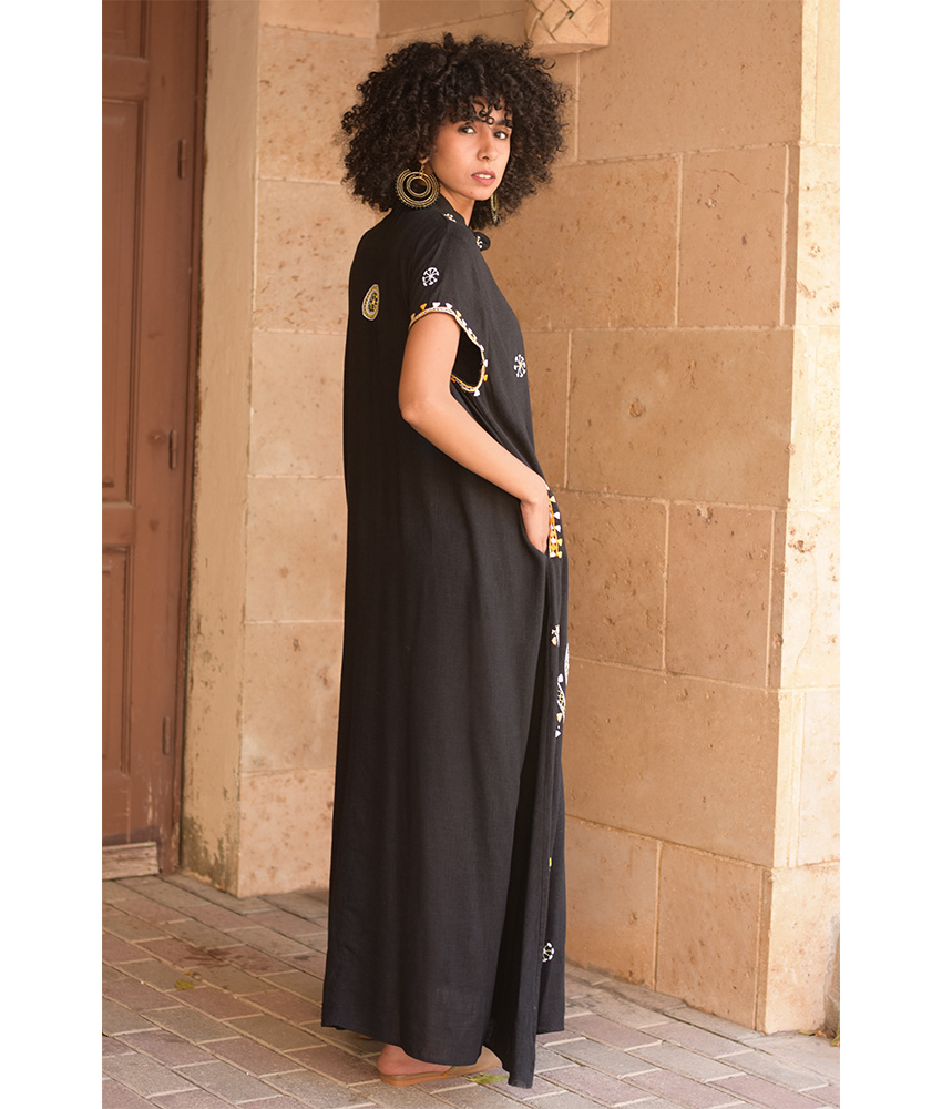 Black Siwa Embroidered Linen Dress with Hoodie handmade in Egypt & available at Jozee Boutique.