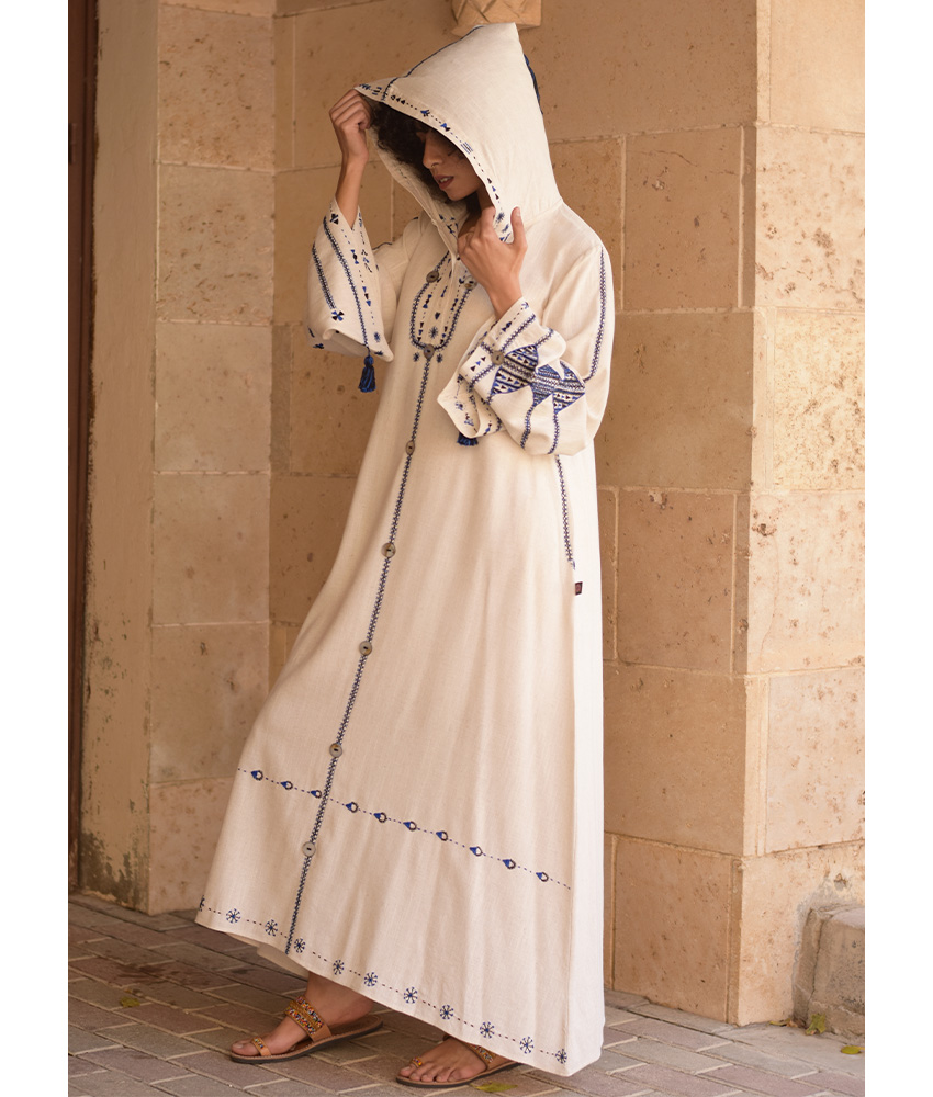 Off white Siwa Embroidered Linen Dress with Hoodie handmade in Egypt & available at Jozee Boutique.