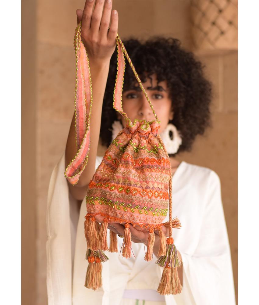 Orange Beaded Saint Catherine Embroidered Cross Bag handmade in Egypt & available in Jozee boutique