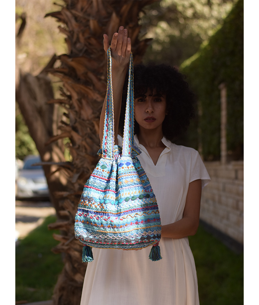 Blue Beaded Saint Catherine handbag handmade in Egypt & available in Jozee boutique