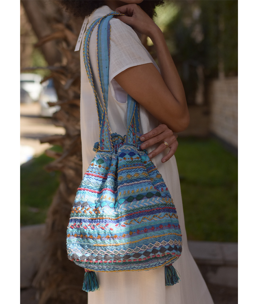 Blue Beaded Saint Catherine handbag handmade in Egypt & available in Jozee boutique