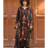 Black Saiwa Embroidered Linen Kaftan with Hoodie handmade in Egypt & available at Jozee Boutique.