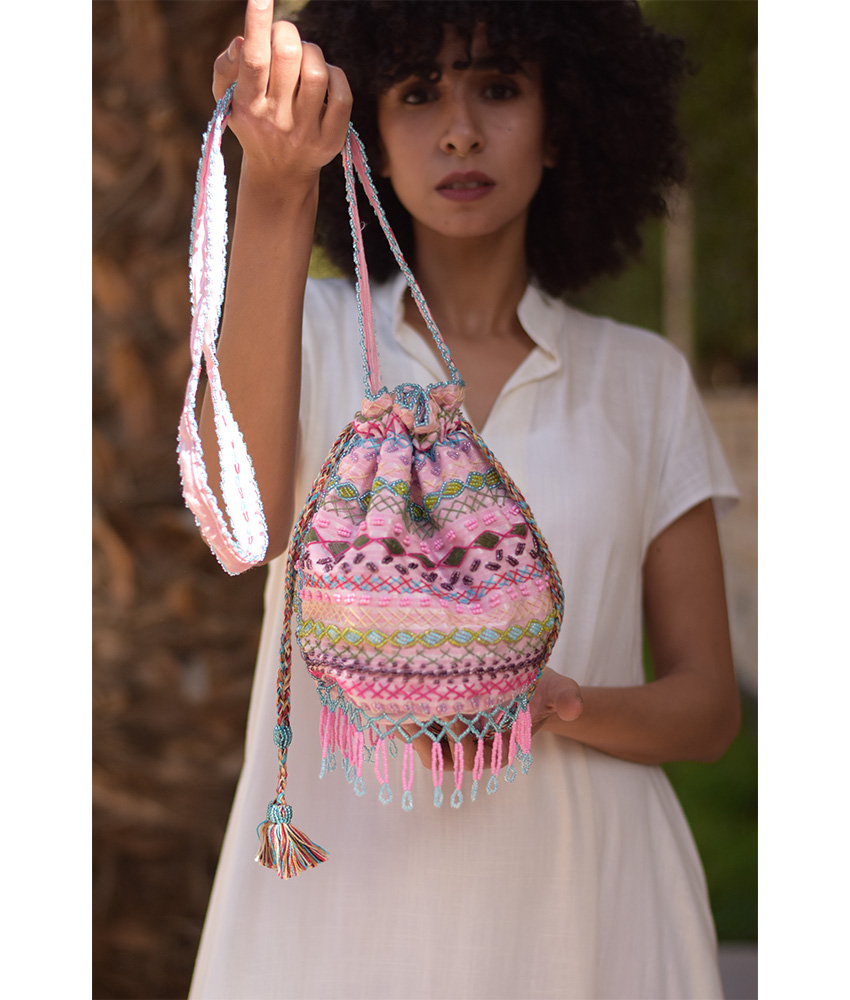 Pink Beaded Saint Catherine Embroidered Cross Bag handmade in Egypt & available in Jozee boutique