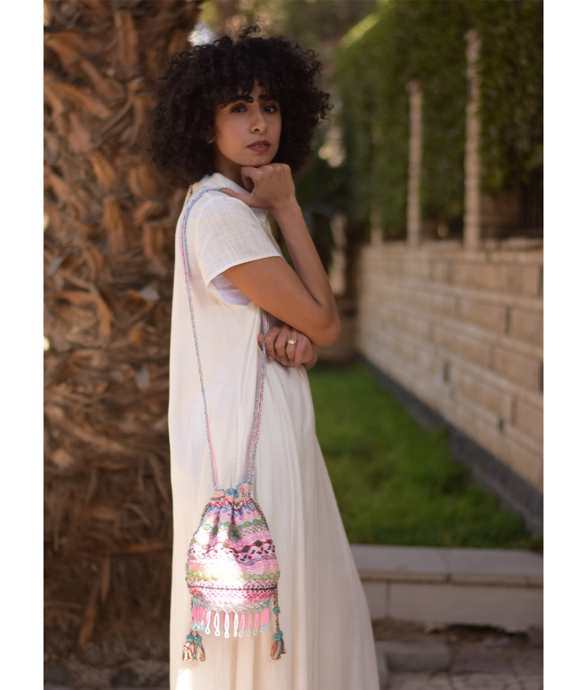 Pink Beaded Saint Catherine Embroidered Cross Bag handmade in Egypt & available in Jozee boutique
