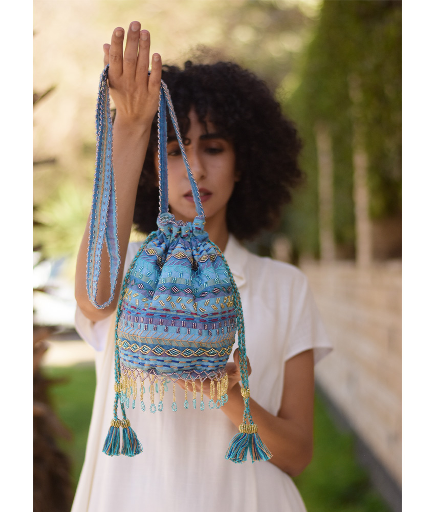 Blue Beaded Saint Catherine Embroidered Cross Bag handmade in Egypt & available in Jozee boutique