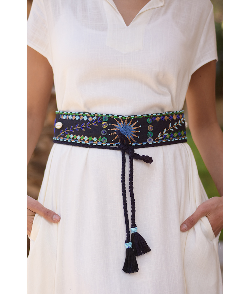 Black Saint Catherine Embroidered Thin Belt handmade in Egypt & available at Jozee Boutique.
