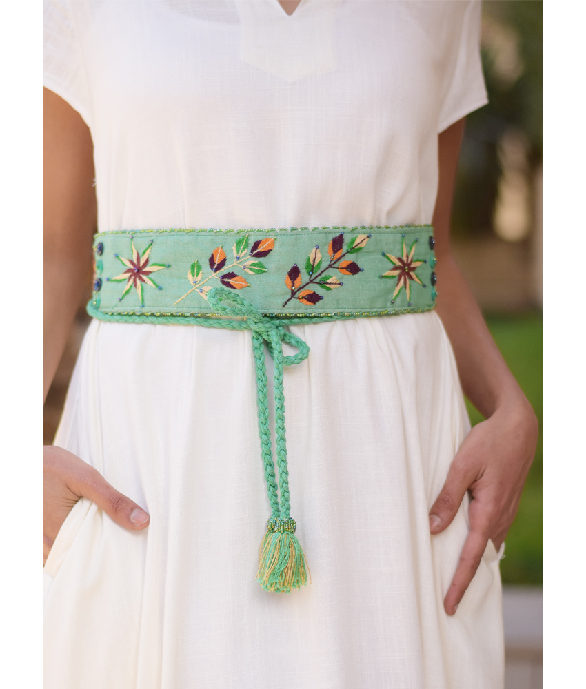 Mint Saint Catherine Embroidered Thin Belt handmade in Egypt & available at Jozee Boutique.