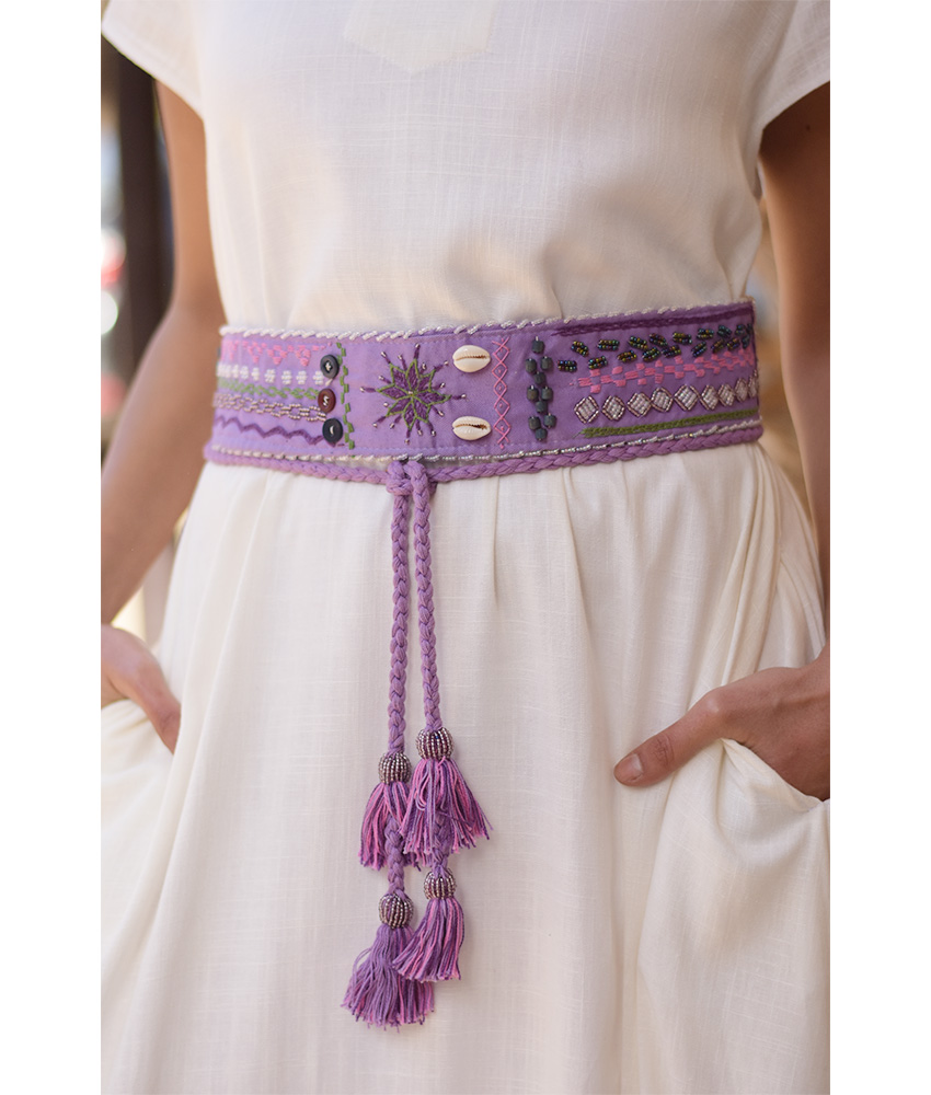Purple Saint Catherine Embroidered Thin Belt handmade in Egypt & available at Jozee Boutique.