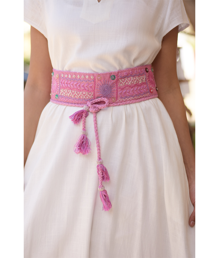 Pink Saint Catherine Embroidered Wide Belt handmade in Egypt & available at Jozee boutique