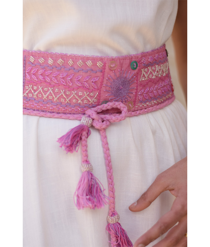 Pink Saint Catherine Embroidered Wide Belt handmade in Egypt & available at Jozee boutique