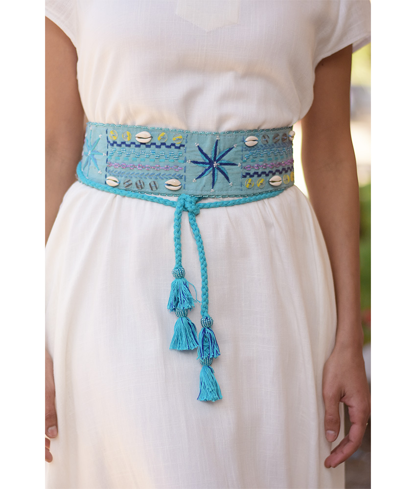 Aqua Saint Catherine Embroidered Wide Belt handmade in Egypt & available at Jozee boutique