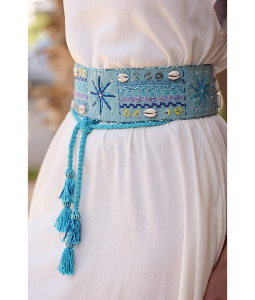 Aqua Saint Catherine Embroidered Wide Belt handmade in Egypt & available at Jozee boutique