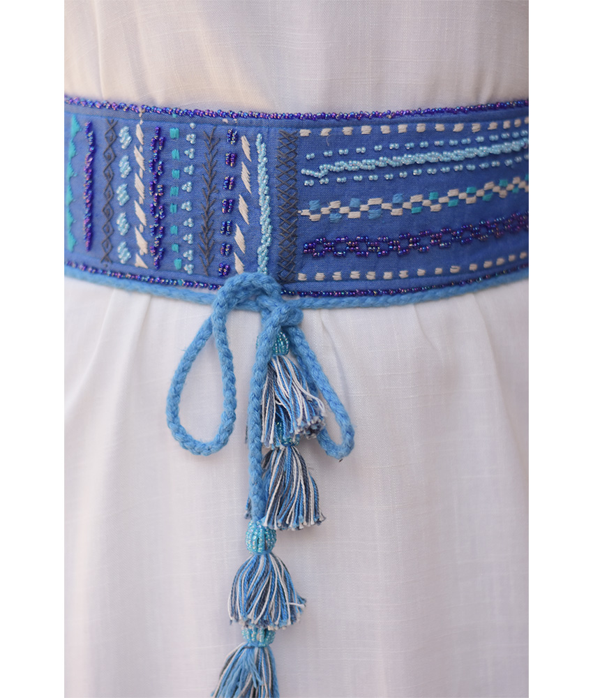 Blue Saint Catherine Embroidered Wide Belt handmade in Egypt & available at Jozee boutique