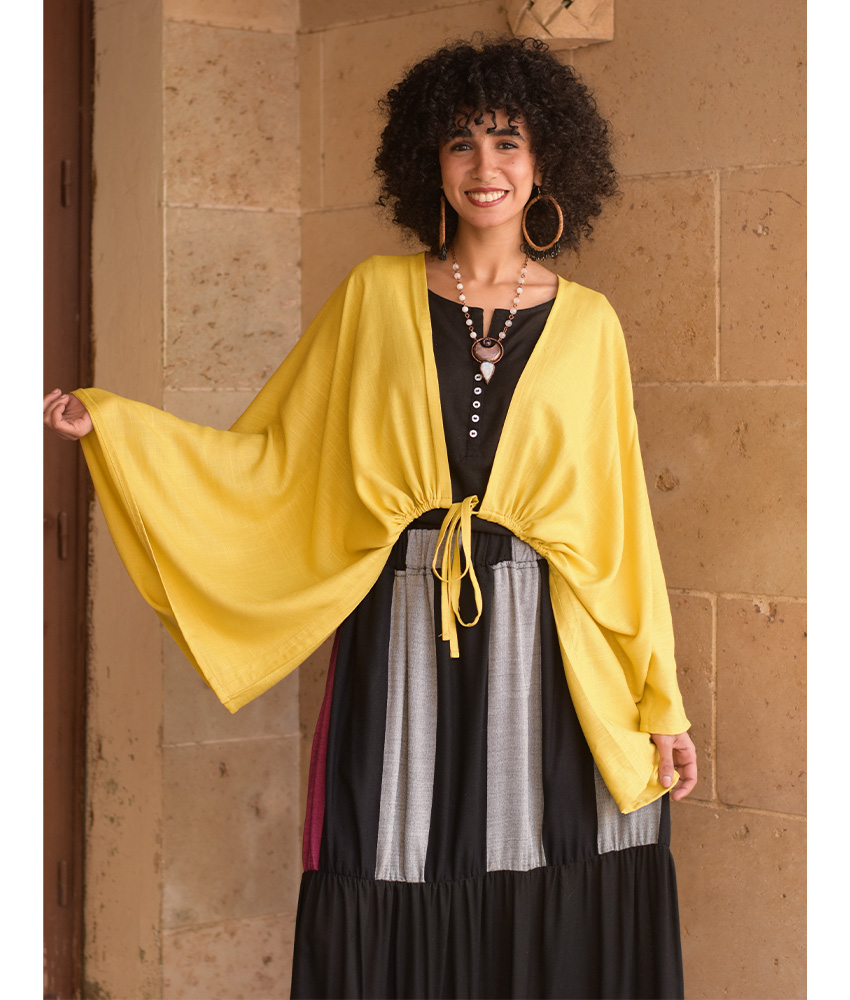 Mustard Linen Bolero made in Egypt & available at Jozee Boutique.