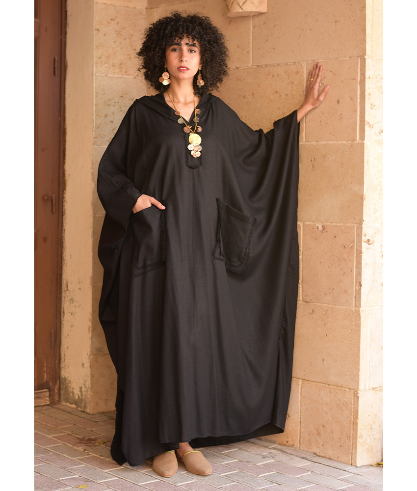 Black Linen Kaftan with Hoodie handmade in Egypt & available at Jozee Boutique.