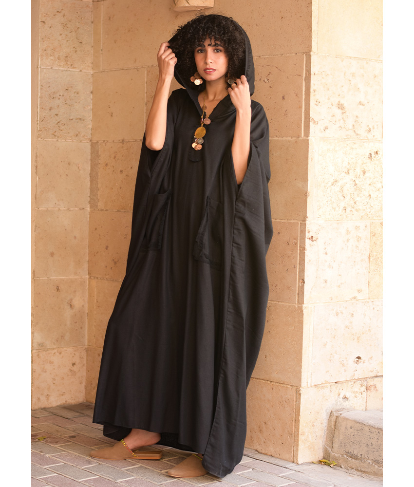 Black Linen Kaftan with Hoodie handmade in Egypt & available at Jozee Boutique.