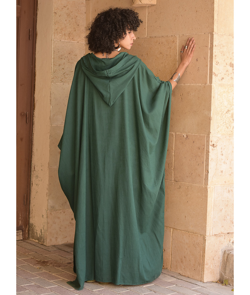 Emerald Green Linen Kaftan with Hoodie handmade in Egypt & available at Jozee Boutique.