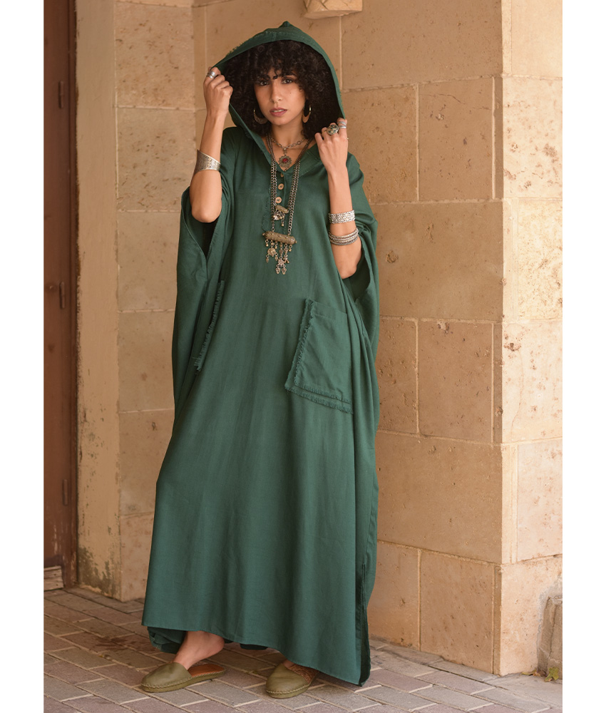 Emerald Green Linen Kaftan with Hoodie handmade in Egypt & available at Jozee Boutique.