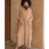 Dark Beige Linen Kaftan with Hoodie handmade in Egypt & available at Jozee Boutique.