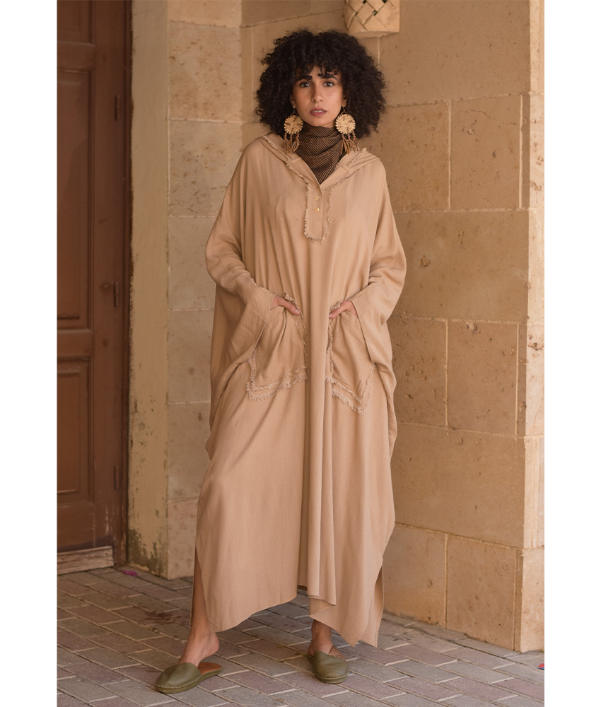 Dark Beige Linen Kaftan with Hoodie handmade in Egypt & available at Jozee Boutique.