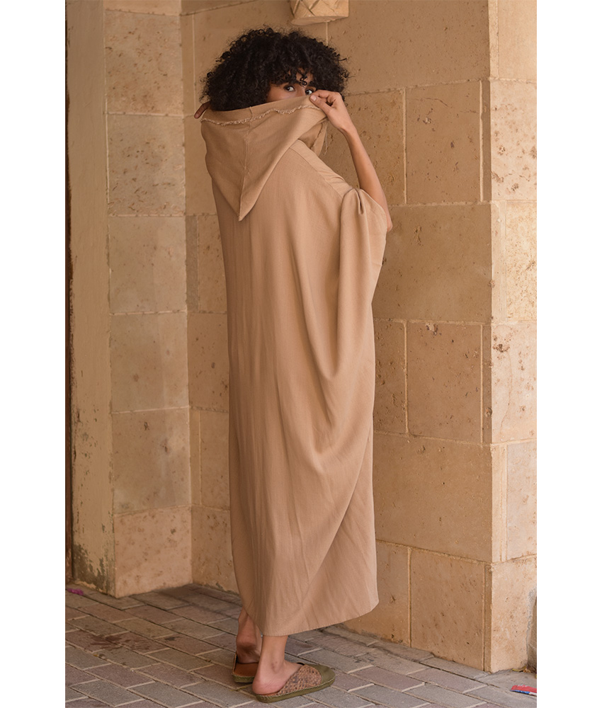Dark Beige Linen Kaftan with Hoodie handmade in Egypt & available at Jozee Boutique.