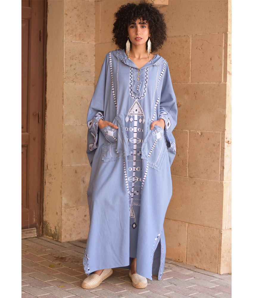 Denim blue Siwa Heavily Embroidered Linen Kaftan with Hoodie handmade in Egypt & available at Jozee Boutique.