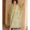 Light Olive Siwa Heavily Embroidered Linen Kaftan with Hoodie handmade in Egypt & available at Jozee Boutique.