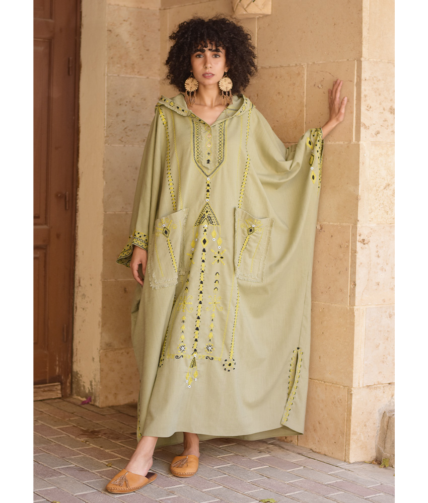 Light Olive Siwa Heavily Embroidered Linen Kaftan with Hoodie handmade in Egypt & available at Jozee Boutique.