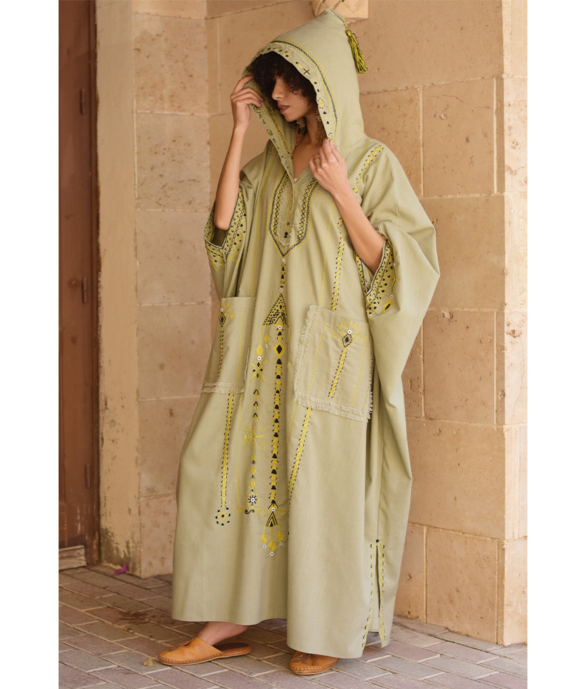 Light Olive Siwa Heavily Embroidered Linen Kaftan with Hoodie handmade in Egypt & available at Jozee Boutique.