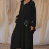 Black Hand Embroidered Linen Kaftan with Hoodie handmade in Egypt & available at Jozee Boutique.