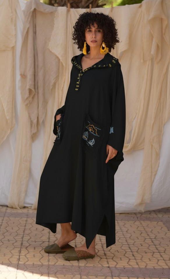 Black Hand Embroidered Linen Kaftan with Hoodie handmade in Egypt & available at Jozee Boutique.