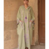 Light olive Siwa Embroidered Linen Kaftan with Hoodie handmade in Egypt & available at Jozee Boutique.