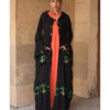 Black Siwa Embroidered Linen Cardigan/Abaya with Hoodie handmade in Egypt & available at Jozee Boutique.