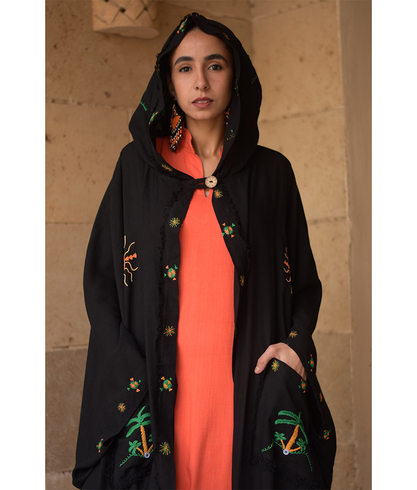 Black Siwa Embroidered Linen Cardigan/Abaya with Hoodie handmade in Egypt & available at Jozee Boutique.