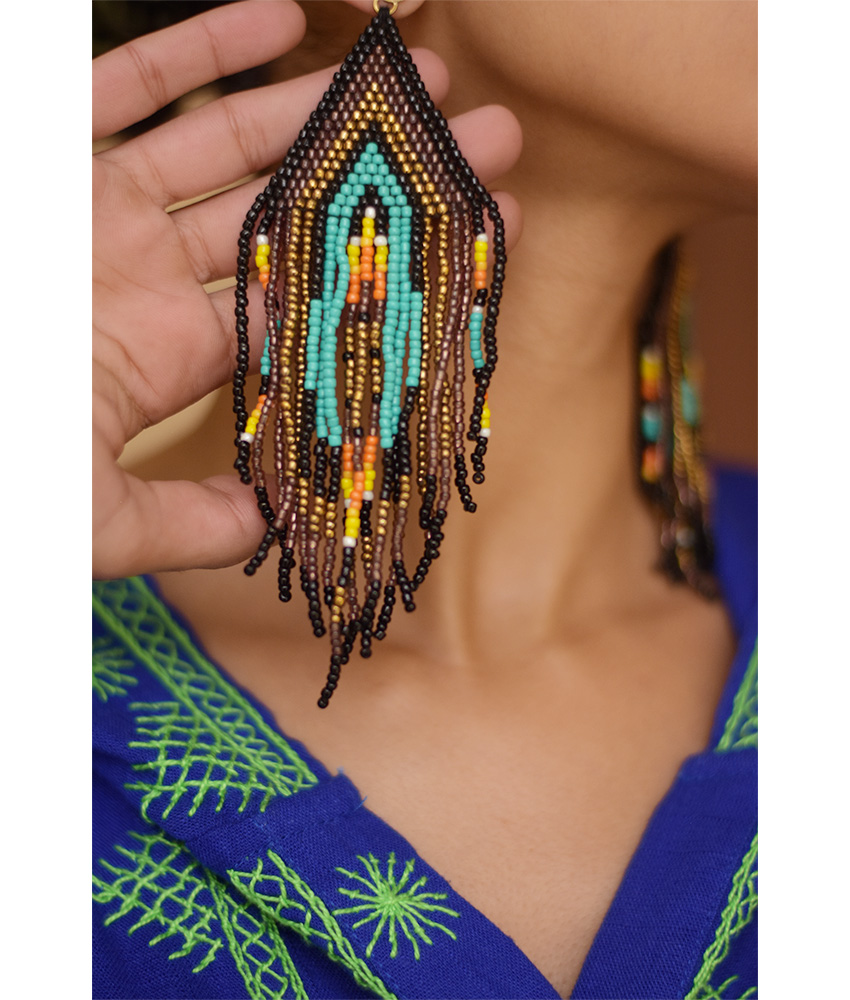 Aqua, Black & Gold Beaded Earrings handmade in Egypt & available in Jozee Boutique