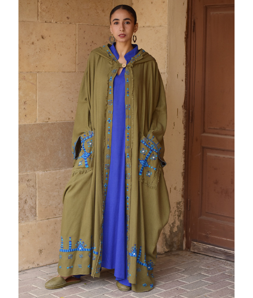 Army green Siwa Embroidered Linen Cardigan/Abaya with Hoodie handmade in Egypt & available at Jozee Boutique.