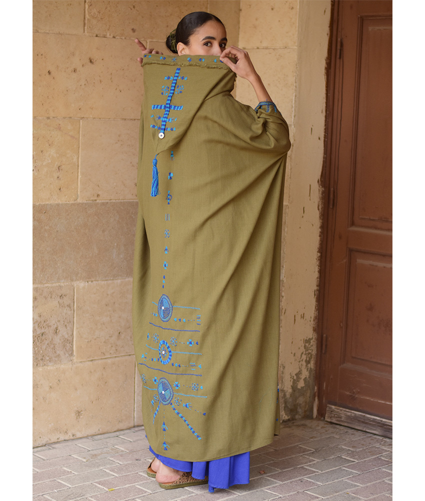 Army green Siwa Embroidered Linen Cardigan/Abaya with Hoodie handmade in Egypt & available at Jozee Boutique.