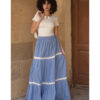 baby blue & White Linen Skirt with Hand Embroideries handmade in Egypt & available at Jozee Boutique.