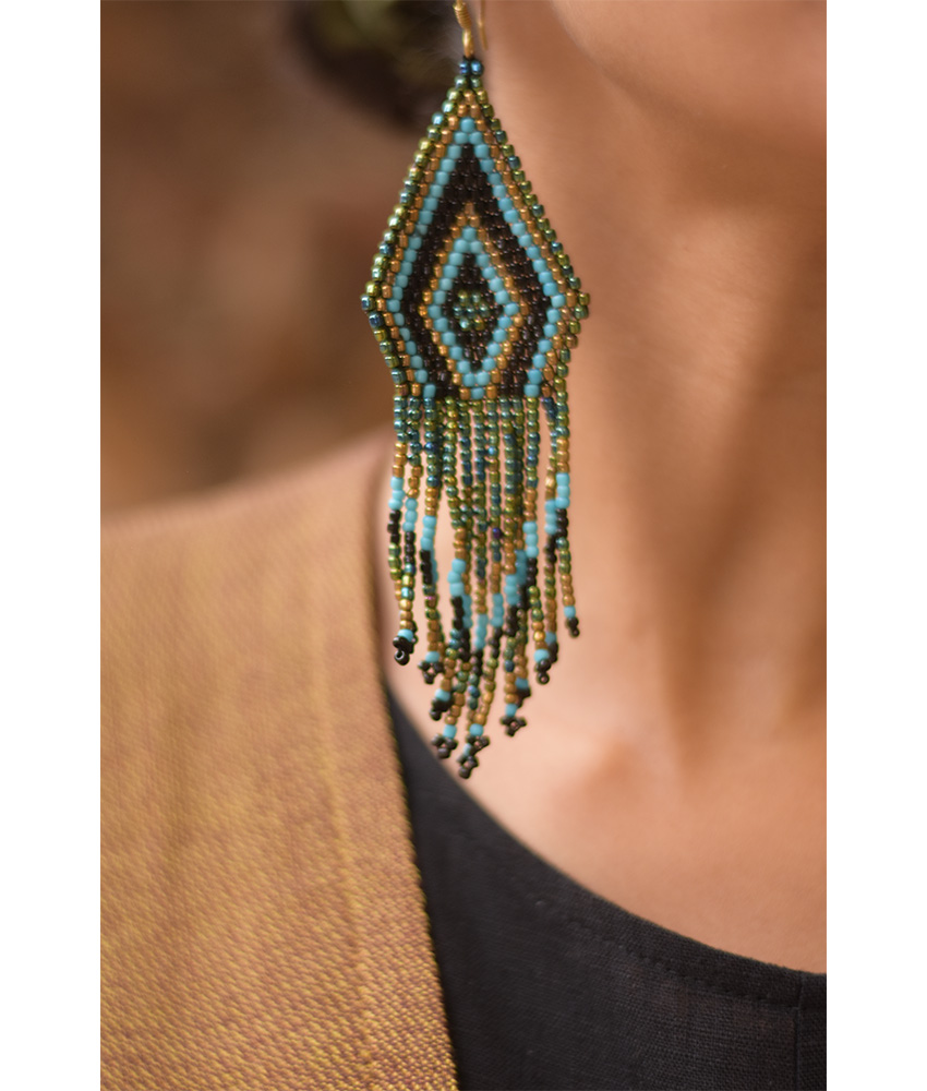 Aqua, Black & Gold Beaded Earrings handmade in Egypt & available in Jozee Boutique
