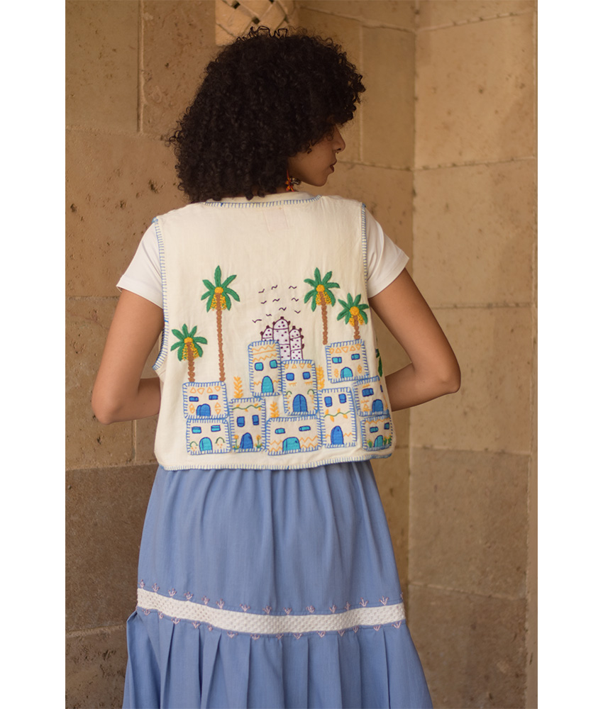 Off White Hand Embroideries Linen Vest handmade in Egypt & available at Jozee Boutique.